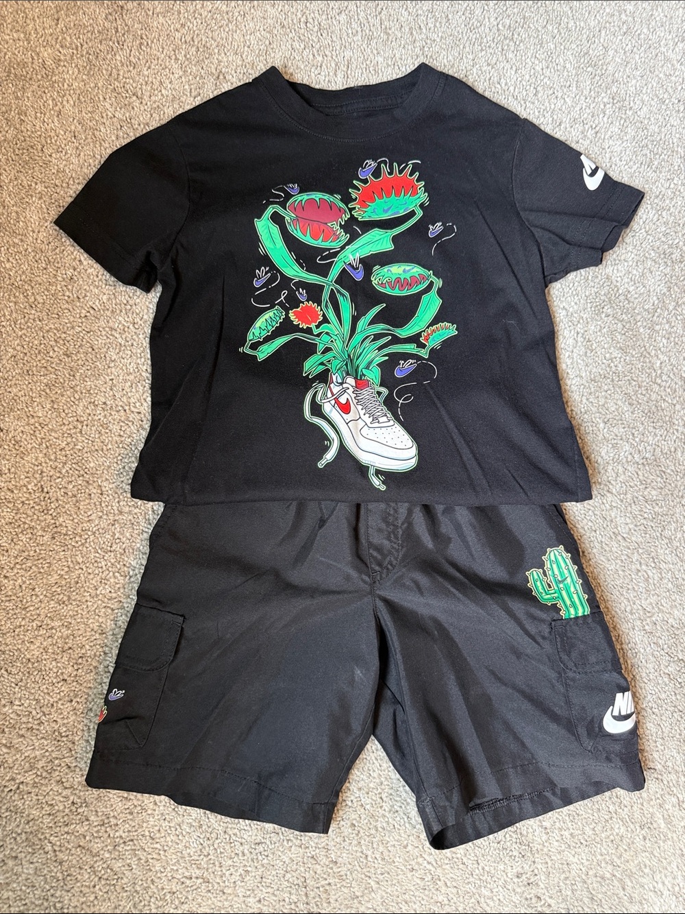 Nike Black Tee & Shorts Set with Neon Green and Red Graphic